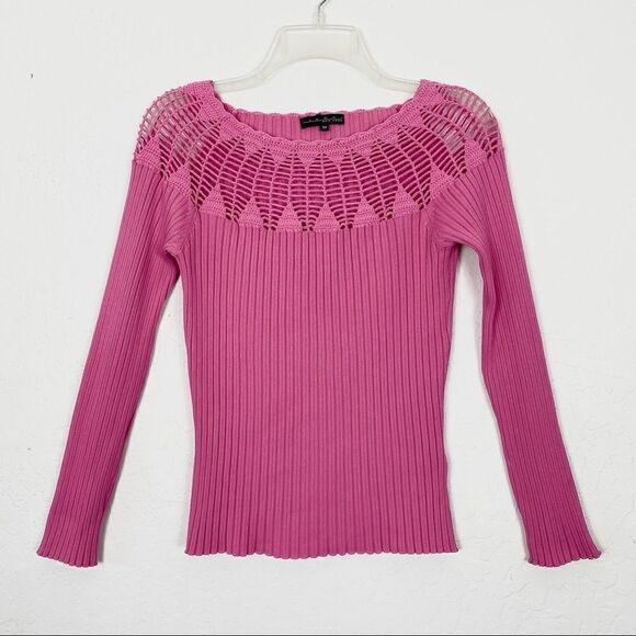 Vintage y2k Pink Ribbed Crochet Long Sleeve Top - Picture 3 of 7